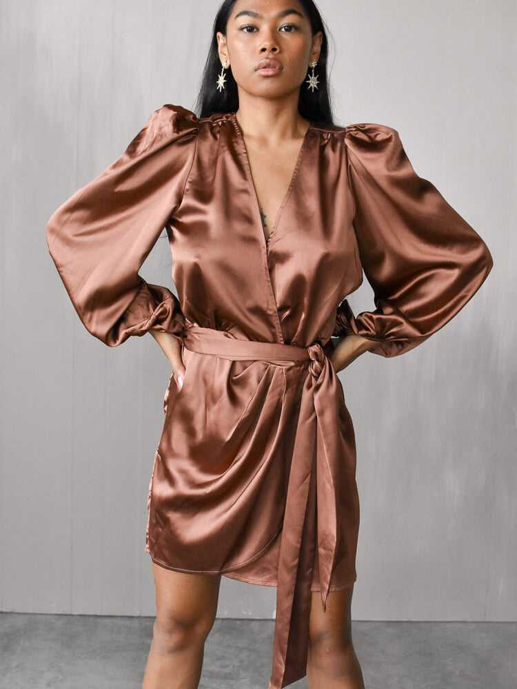 Gal Satin Wrap Mini Dress - Bronze